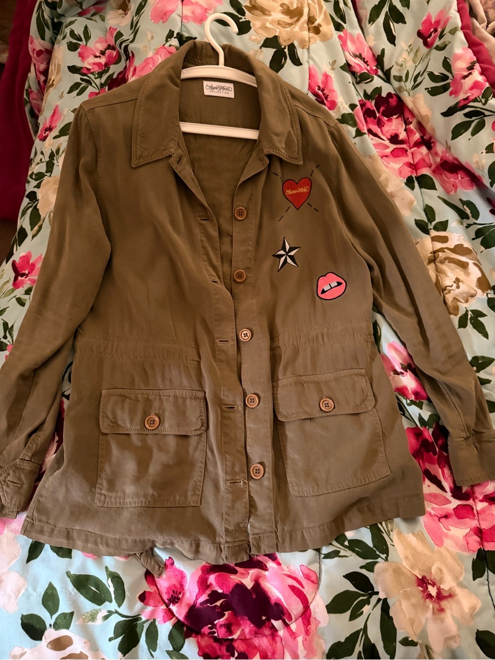 Lauren Moshi Olive Utility Jacket with Embroidered Patches